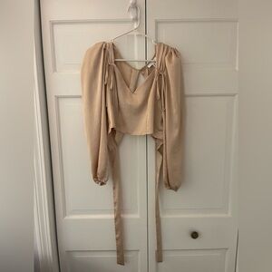 Topshop open back tie long sleeve top in champagne color